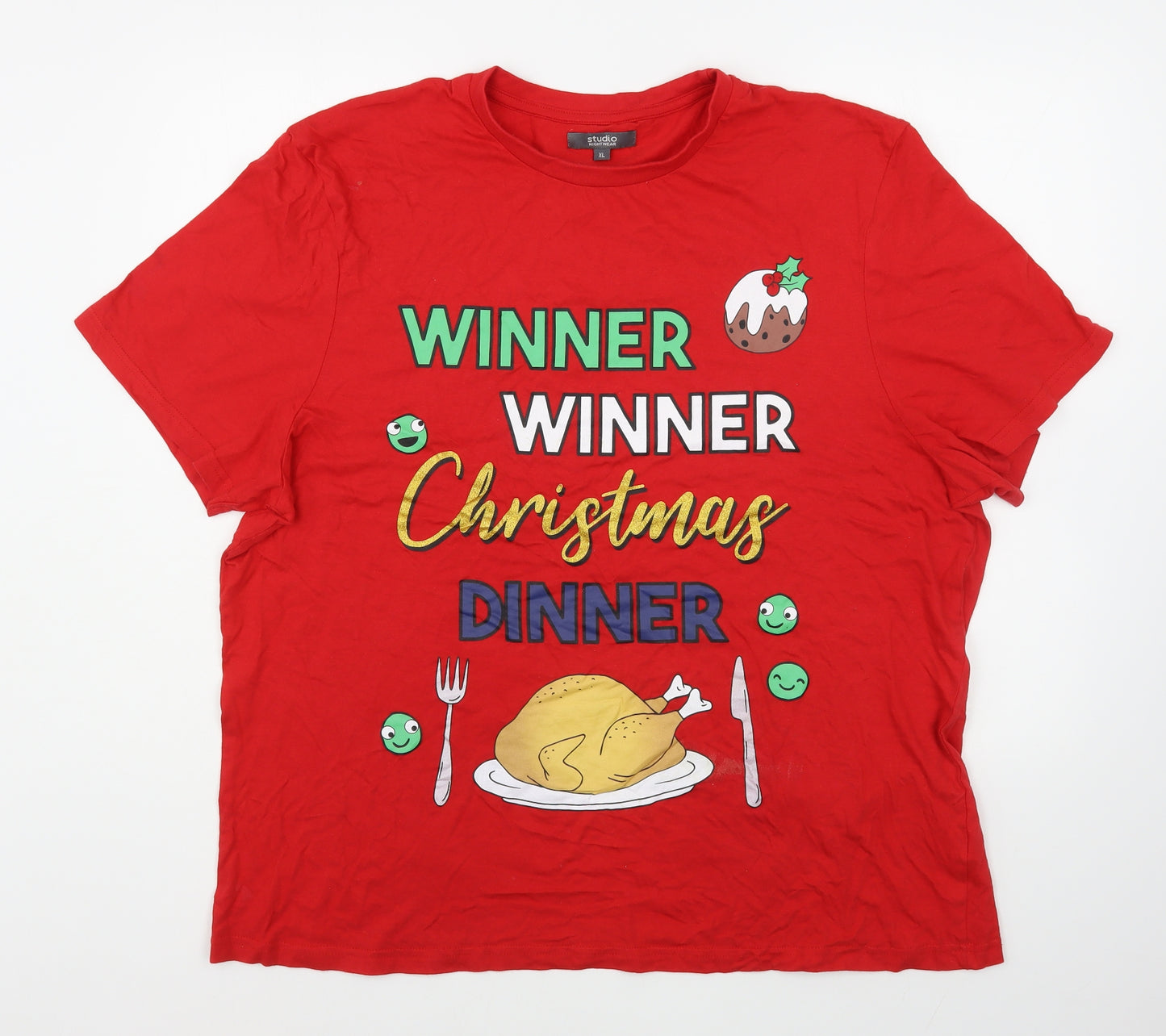 Studio Mens Red  Cotton  T-Shirt Size XL Round Neck  - Christmas