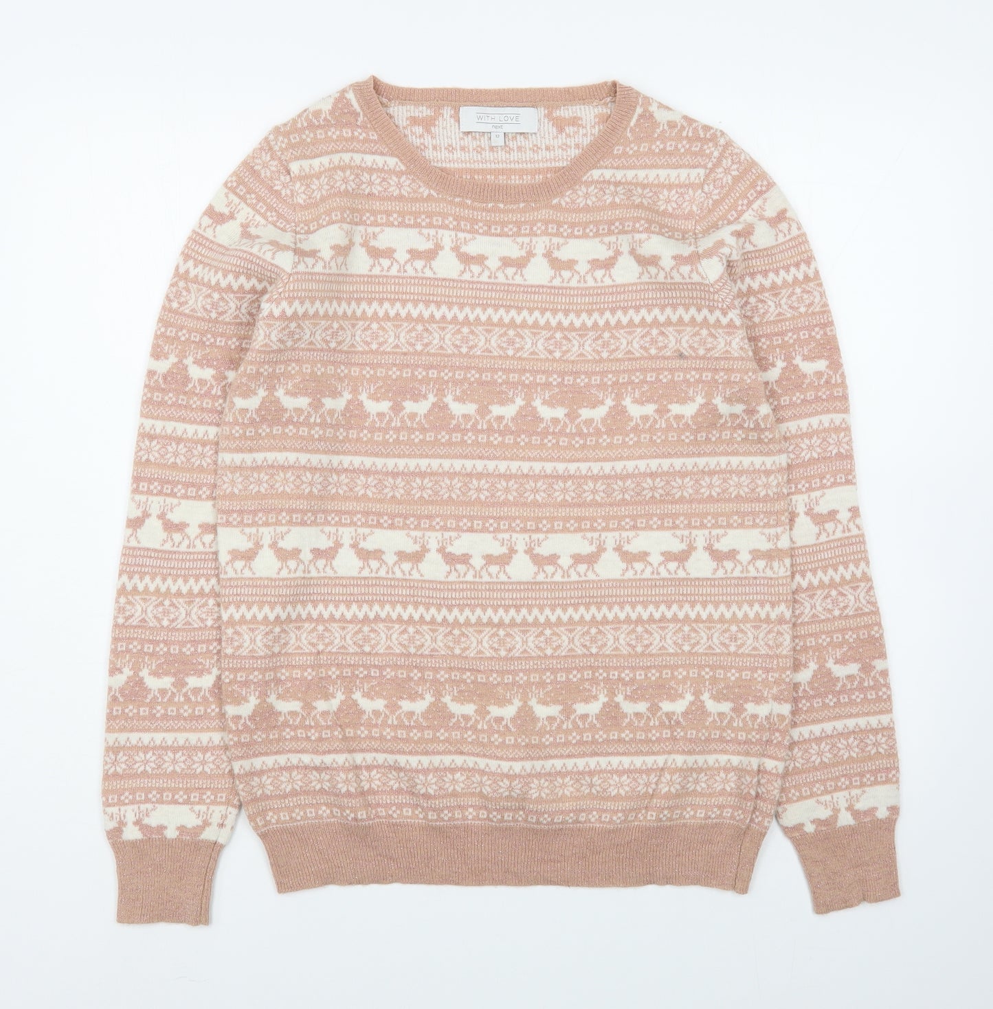 NEXT Womens Pink Round Neck Fair Isle Acrylic Pullover Jumper Size 12