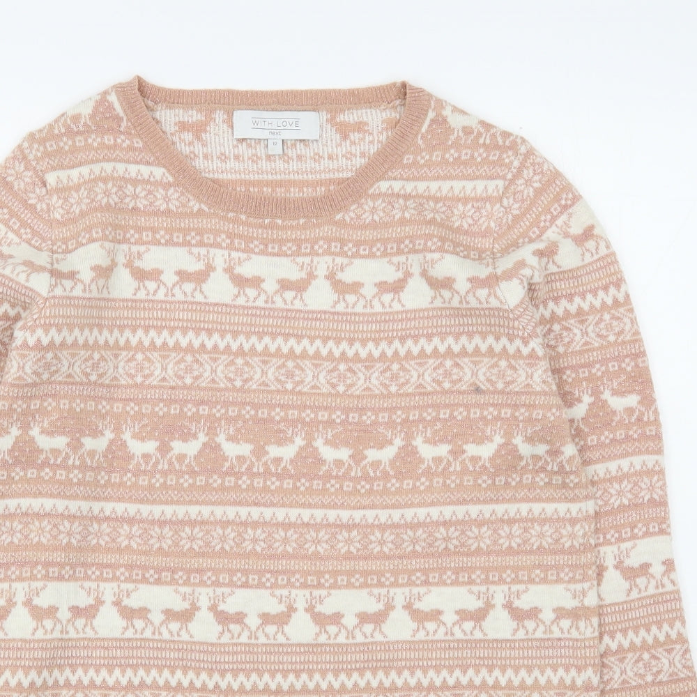 NEXT Womens Pink Round Neck Fair Isle Acrylic Pullover Jumper Size 12