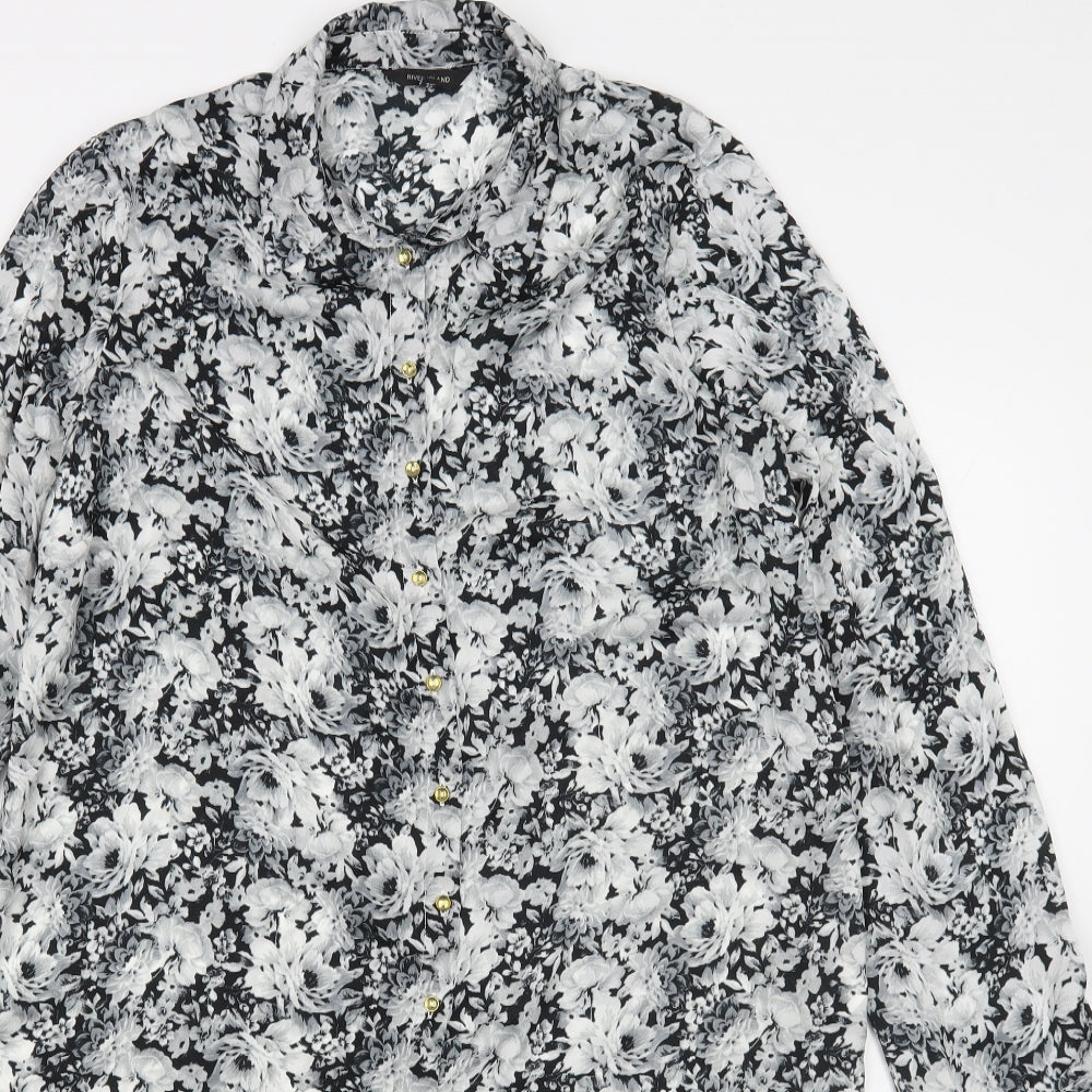 River Island Womens Black Floral Polyester Basic Button-Up Size 12 Collared
