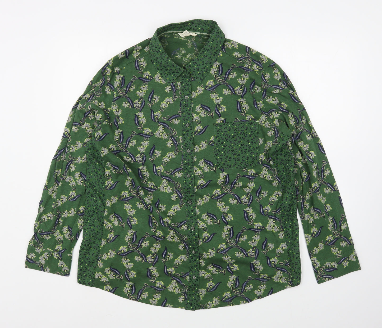 White Stuff Womens Green Floral 100% Cotton Basic Button-Up Size 18 Collared