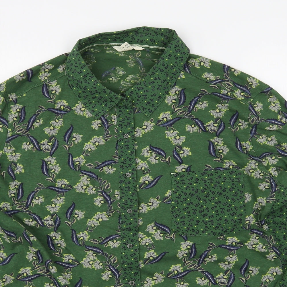 White Stuff Womens Green Floral 100% Cotton Basic Button-Up Size 18 Collared