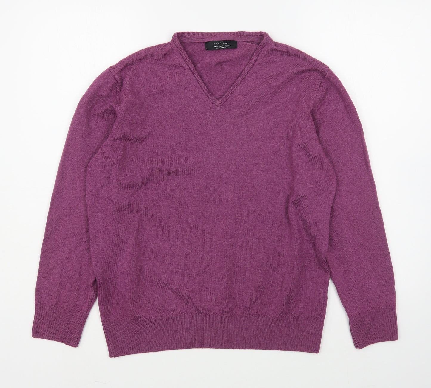 Zara Mens Purple V-Neck  Wool Pullover Jumper Size XL