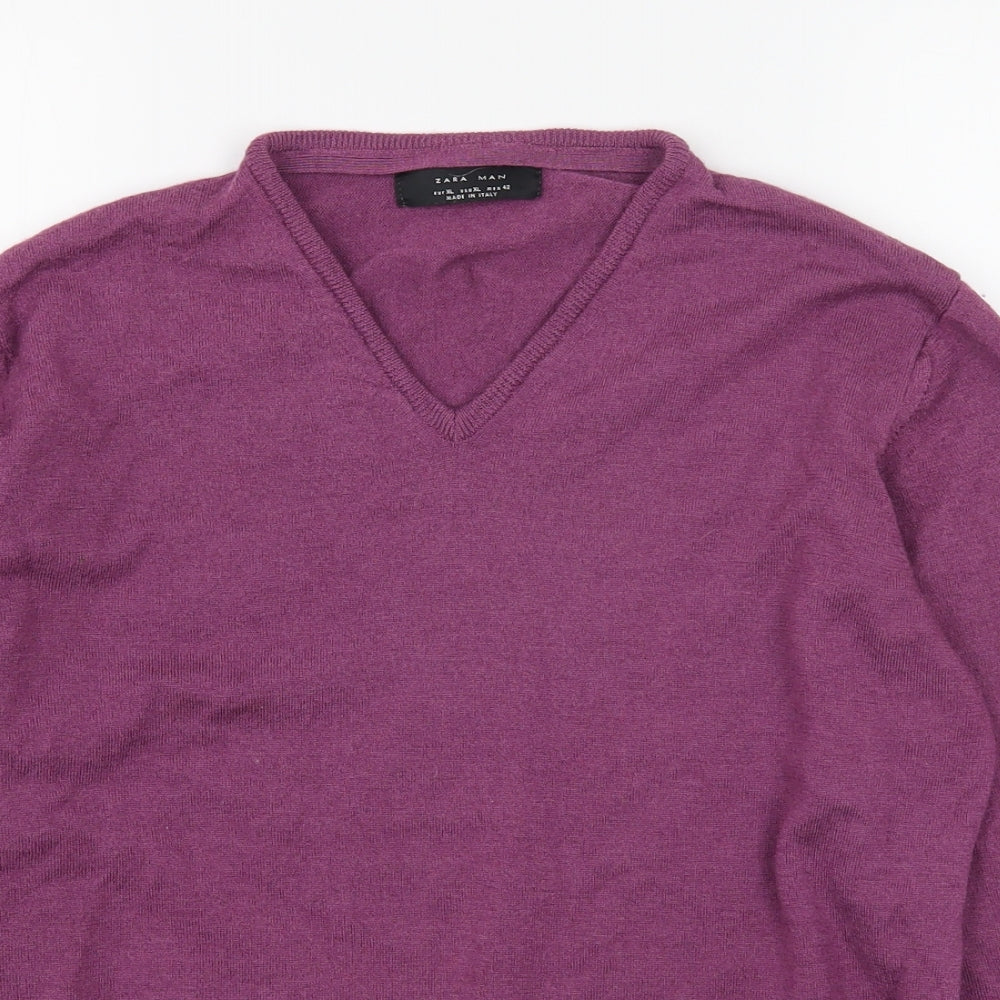 Zara Mens Purple V-Neck  Wool Pullover Jumper Size XL