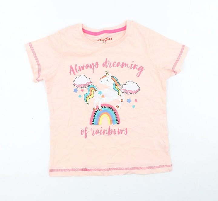 Studio Girls Pink  Cotton Basic T-Shirt Size 5-6 Years Round Neck  - Unicorn