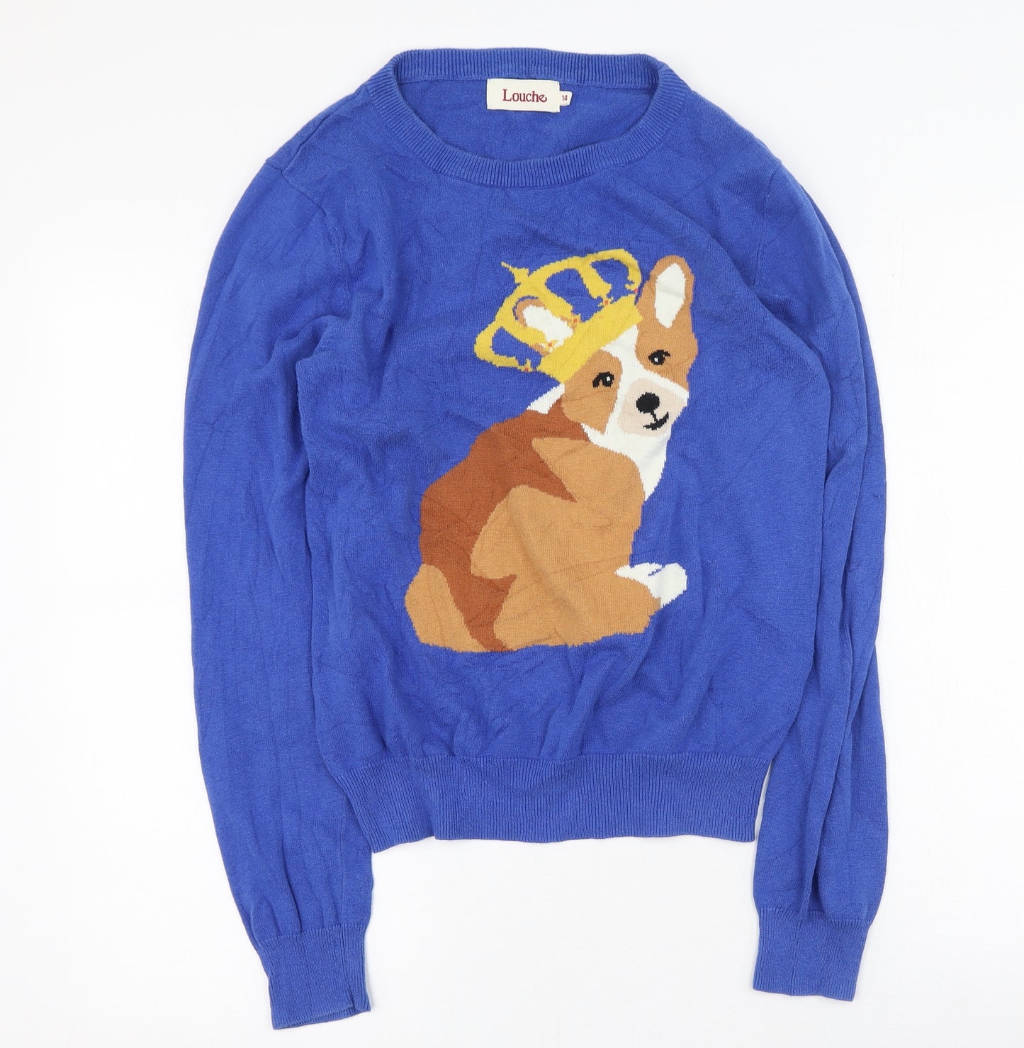 Louche Womens Blue Round Neck  100% Cotton Pullover Jumper Size 14   - dog