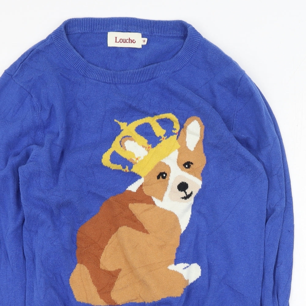 Louche Womens Blue Round Neck  100% Cotton Pullover Jumper Size 14   - dog