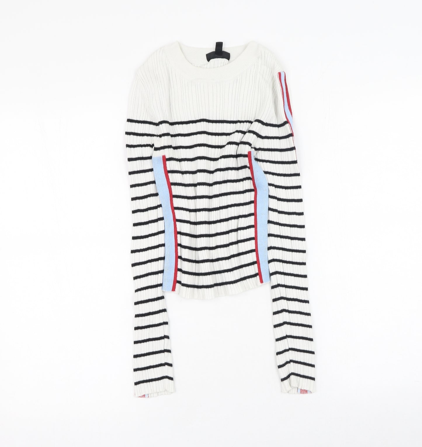 Topshop Womens White Round Neck Striped Cotton Pullover Jumper Size 6