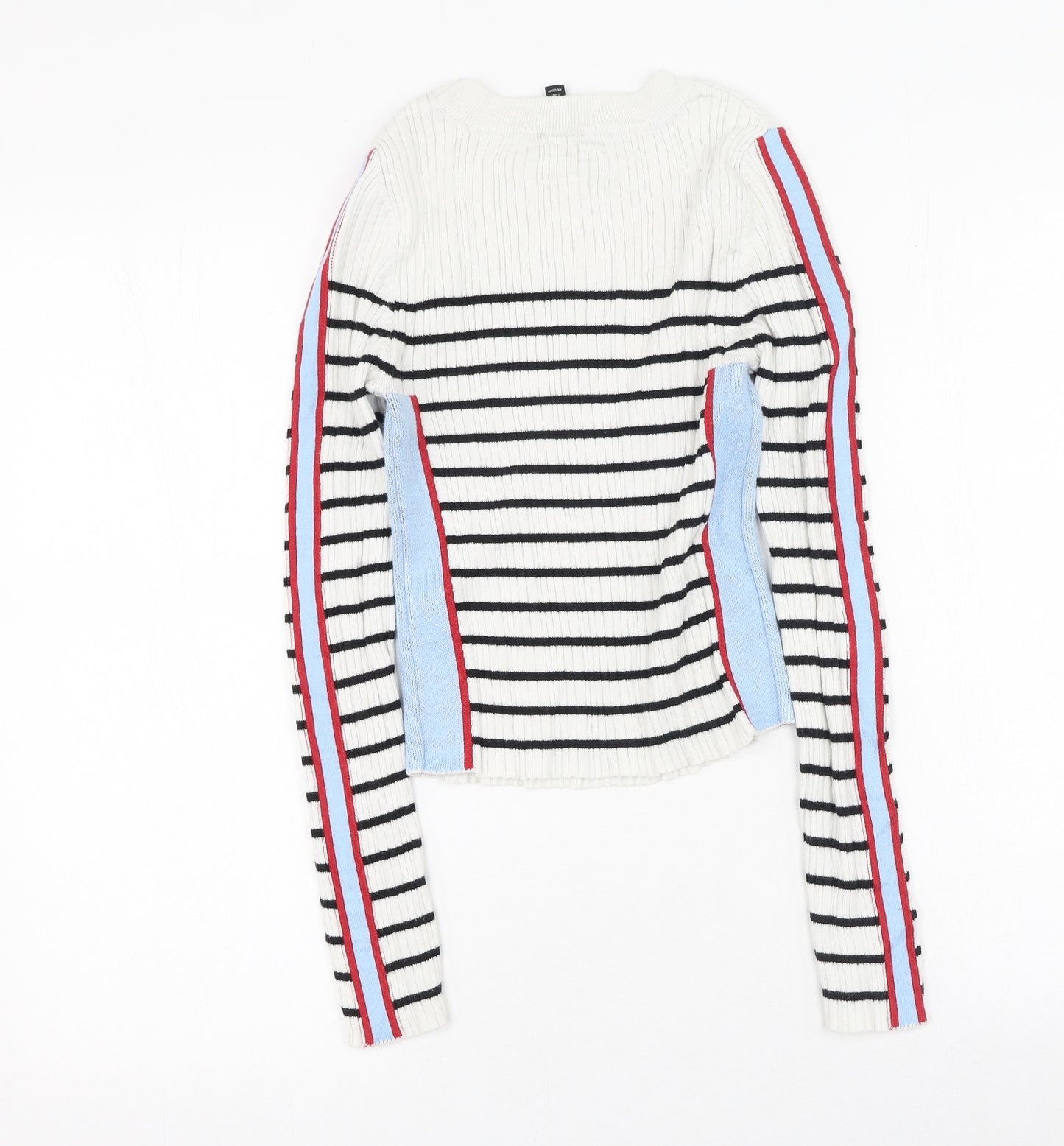 Topshop Womens White Round Neck Striped Cotton Pullover Jumper Size 6