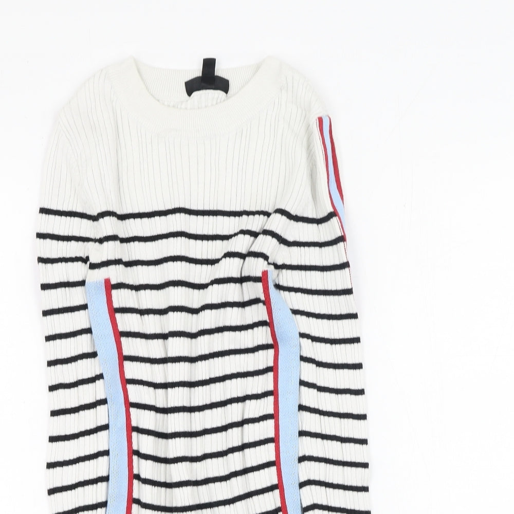 Topshop Womens White Round Neck Striped Cotton Pullover Jumper Size 6