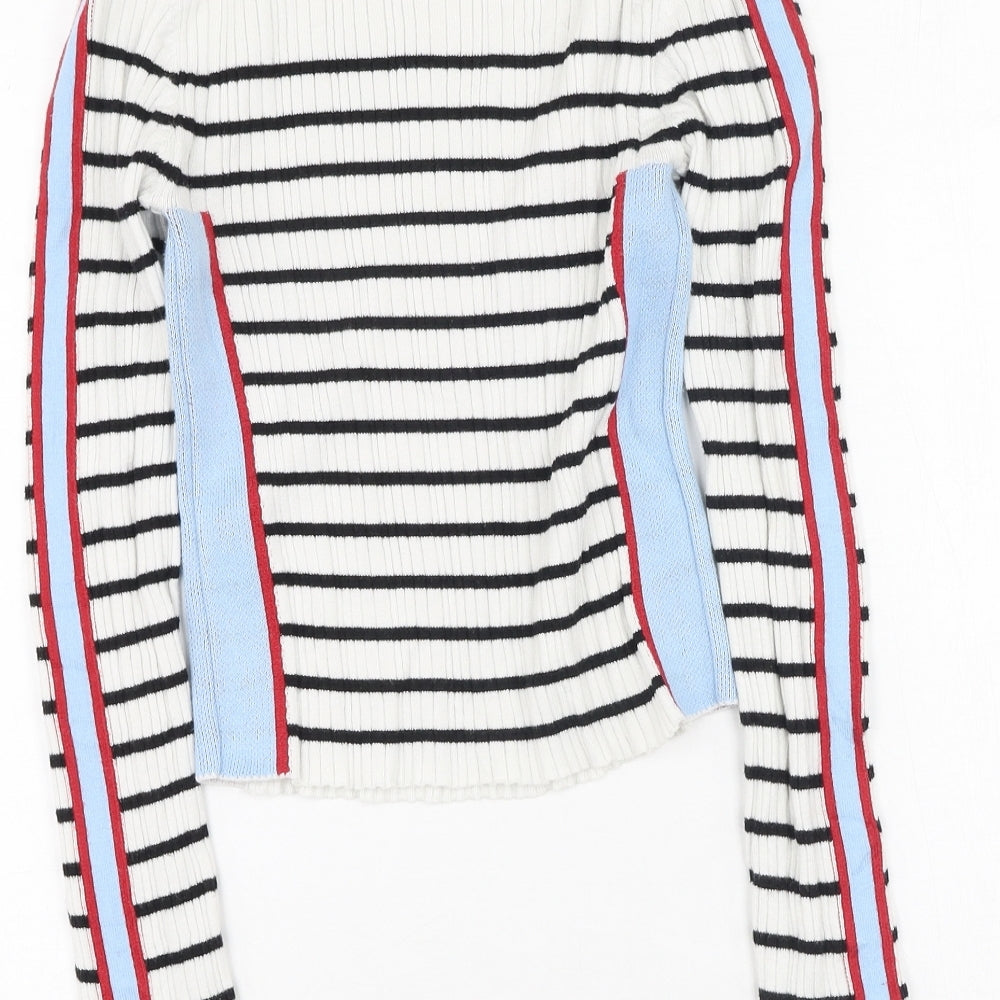 Topshop Womens White Round Neck Striped Cotton Pullover Jumper Size 6