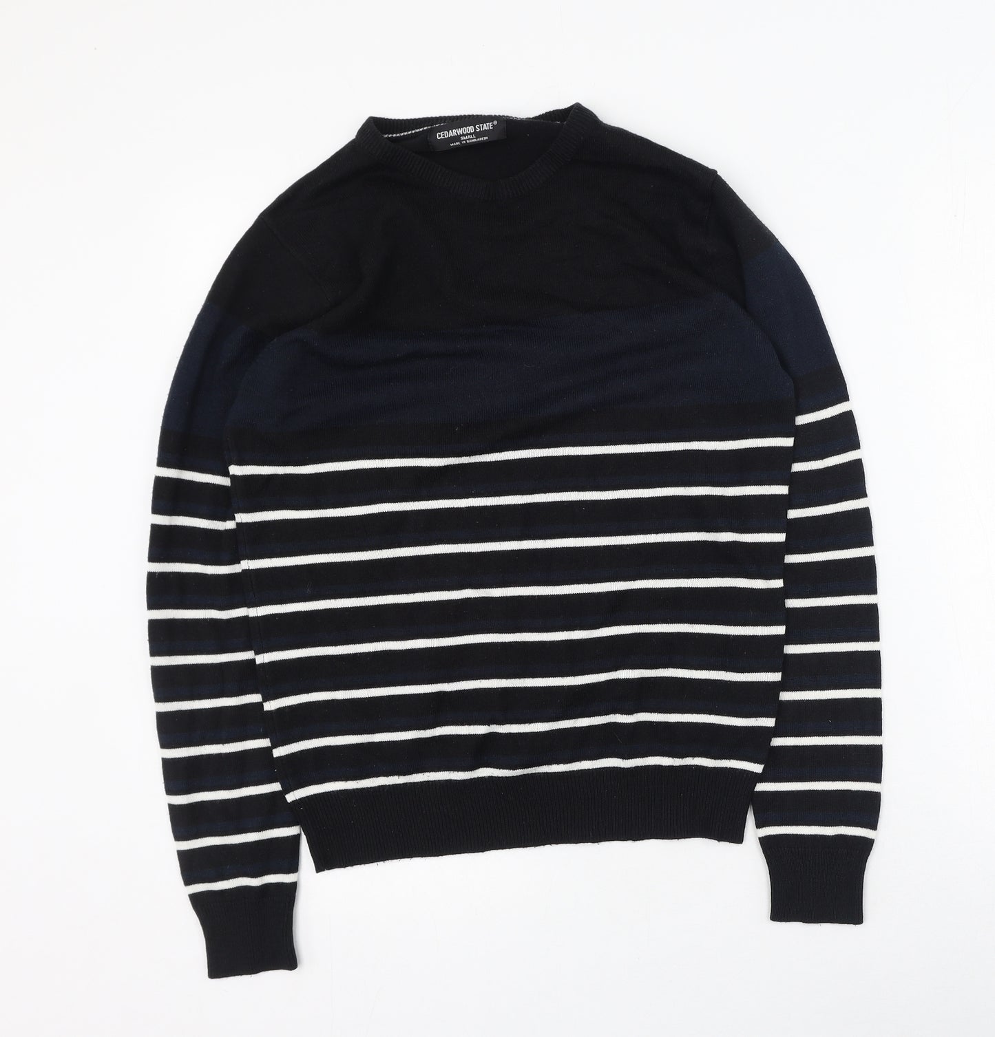 Cedar Wood State Mens Black Round Neck Striped Acrylic Pullover Jumper Size S