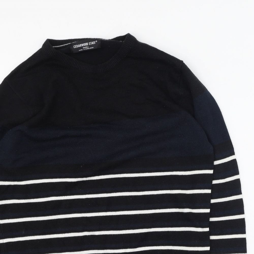 Cedar Wood State Mens Black Round Neck Striped Acrylic Pullover Jumper Size S