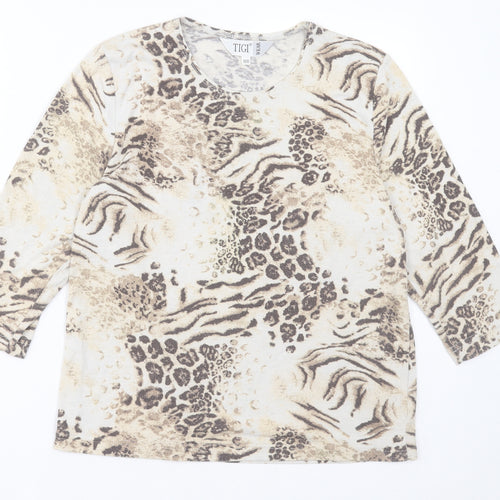 TIGI Womens Brown Animal Print Polyester Basic T-Shirt Size 10 Crew Neck