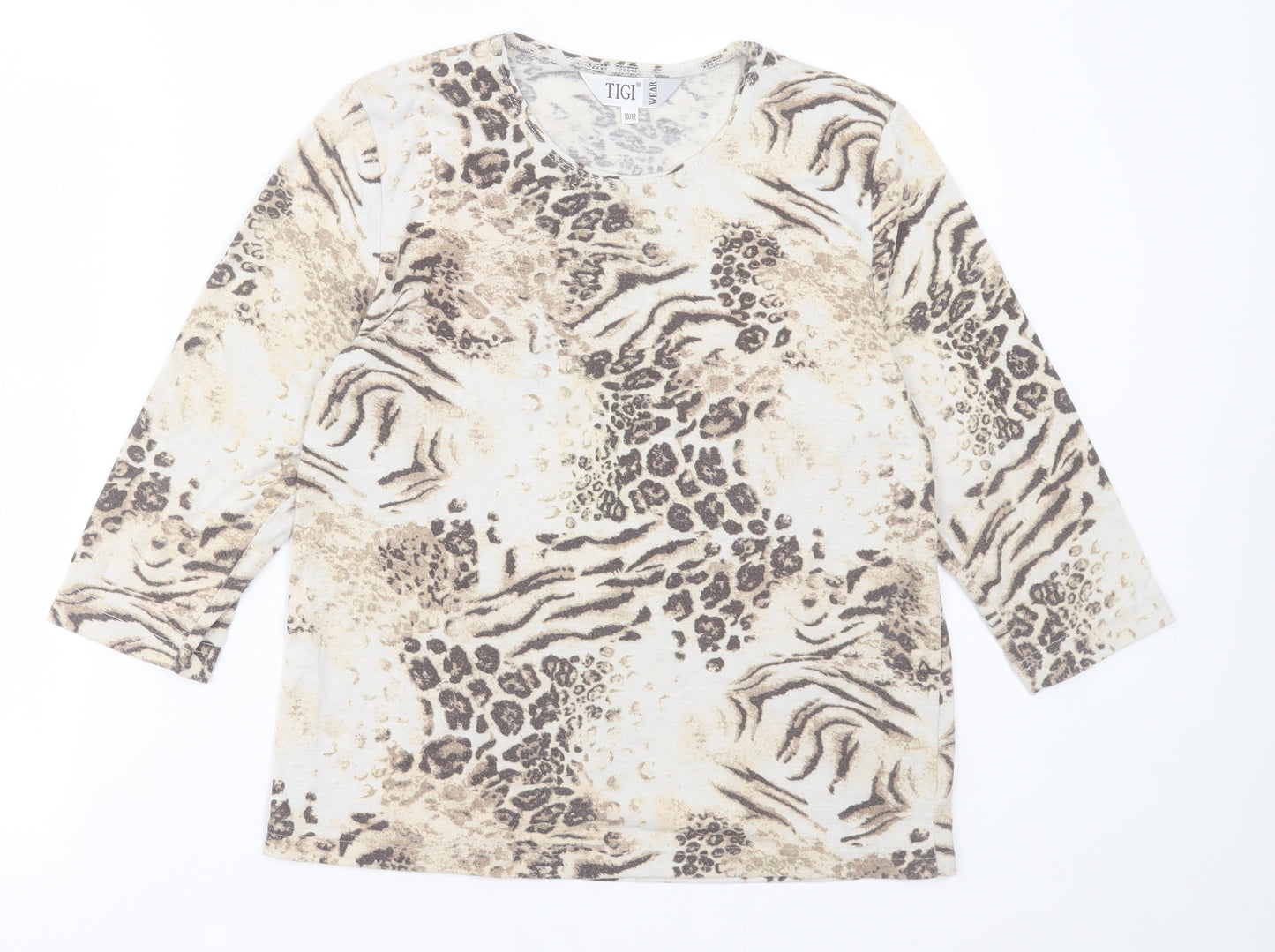 TIGI Womens Brown Animal Print Polyester Basic T-Shirt Size 10 Crew Neck