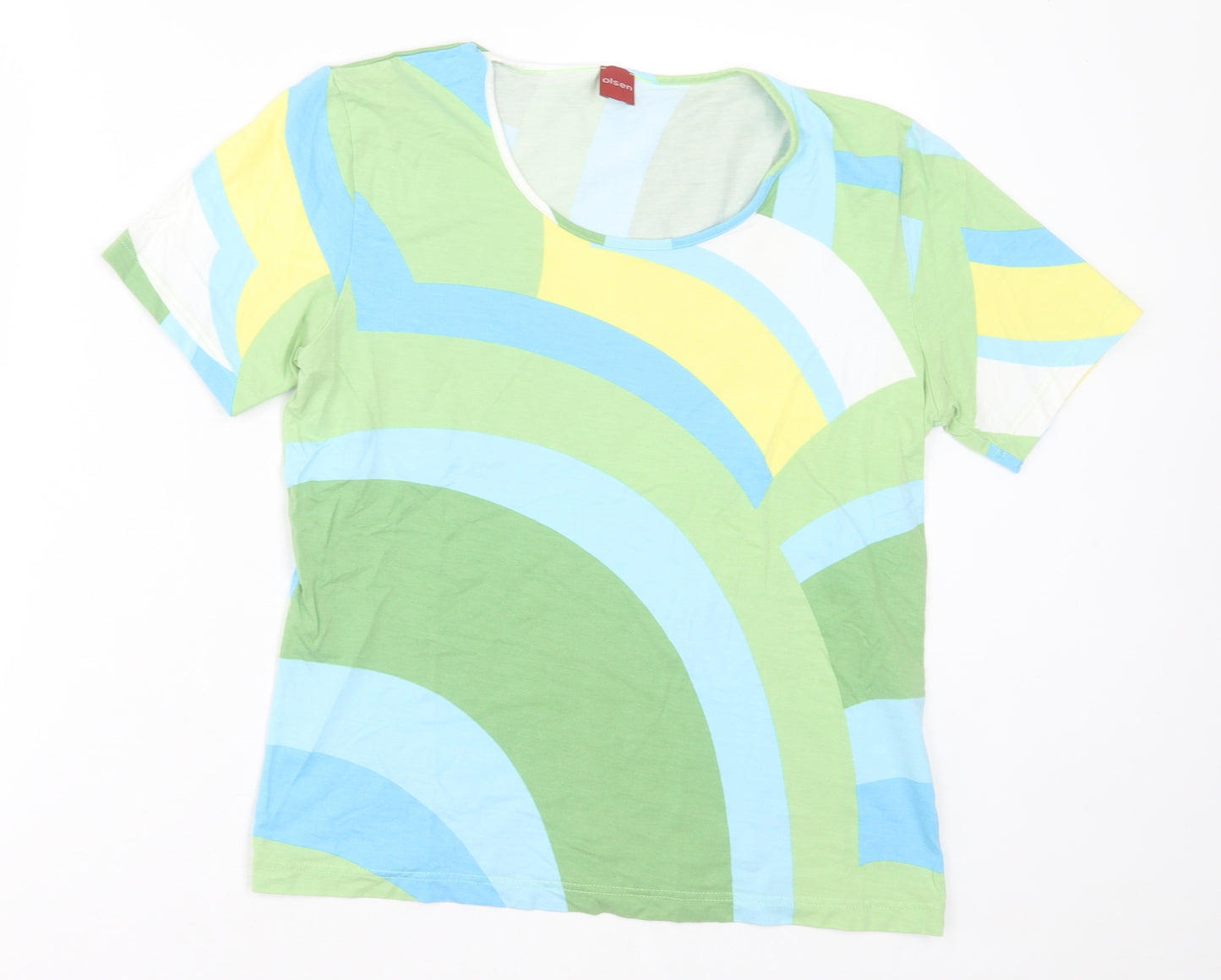 Olsen Womens Green Geometric Viscose Basic T-Shirt Size 10 Crew Neck
