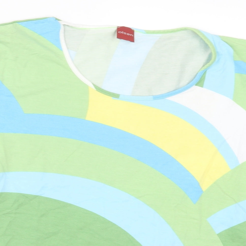 Olsen Womens Green Geometric Viscose Basic T-Shirt Size 10 Crew Neck