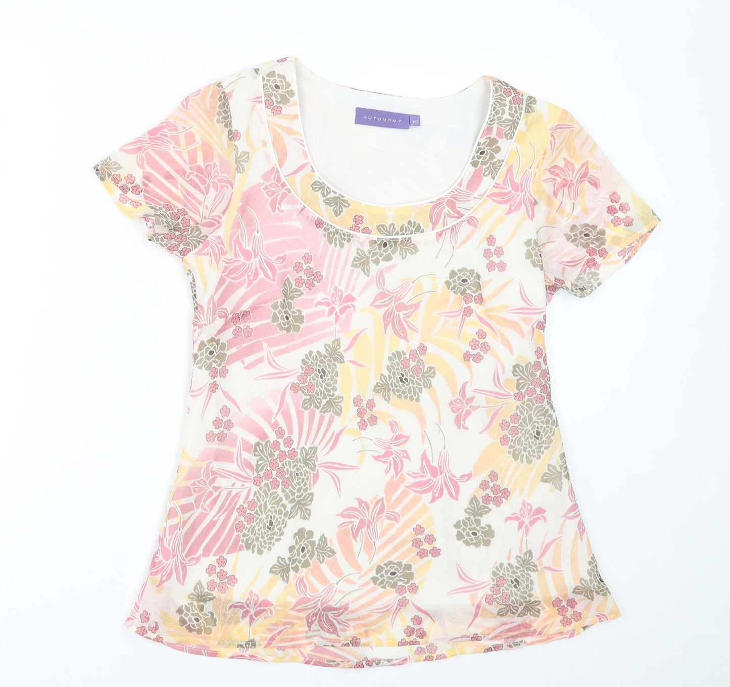 Autonomy Womens Pink Floral Polyester Basic T-Shirt Size 10 Crew Neck
