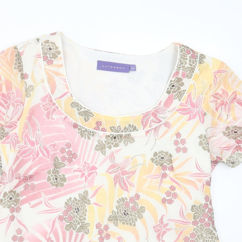 Autonomy Womens Pink Floral Polyester Basic T-Shirt Size 10 Crew Neck