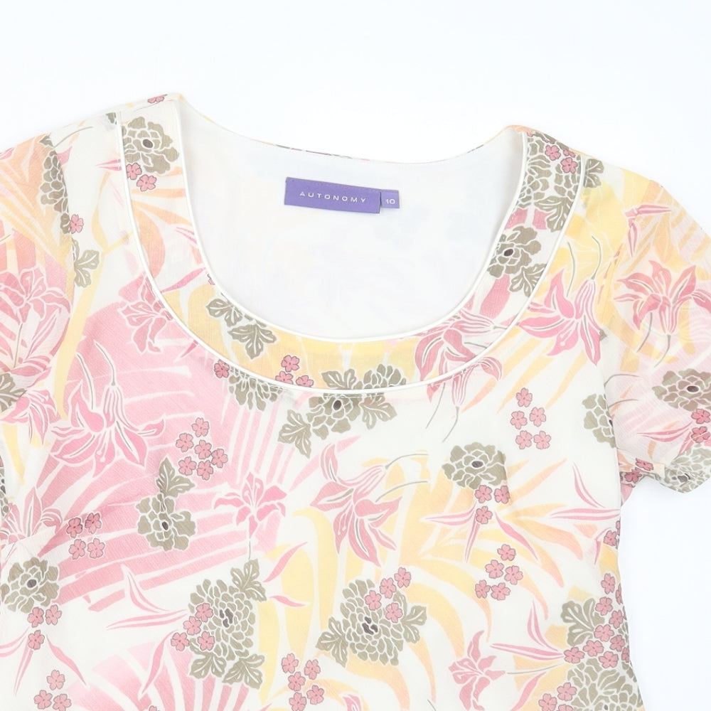 Autonomy Womens Pink Floral Polyester Basic T-Shirt Size 10 Crew Neck