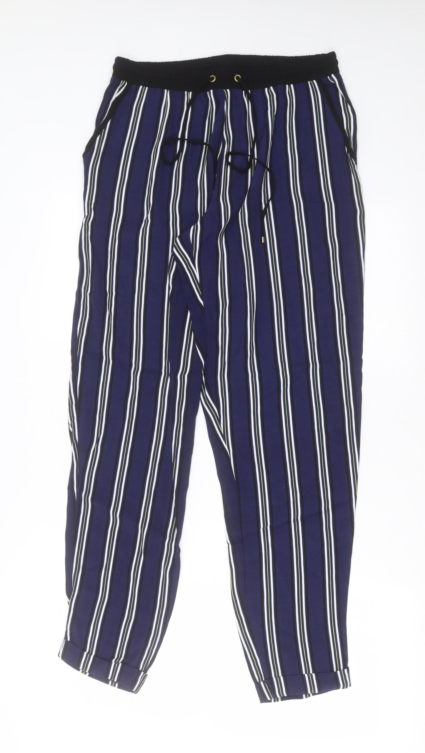 F&F Womens Blue Striped Viscose Trousers  Size 10 L30 in Regular Tie