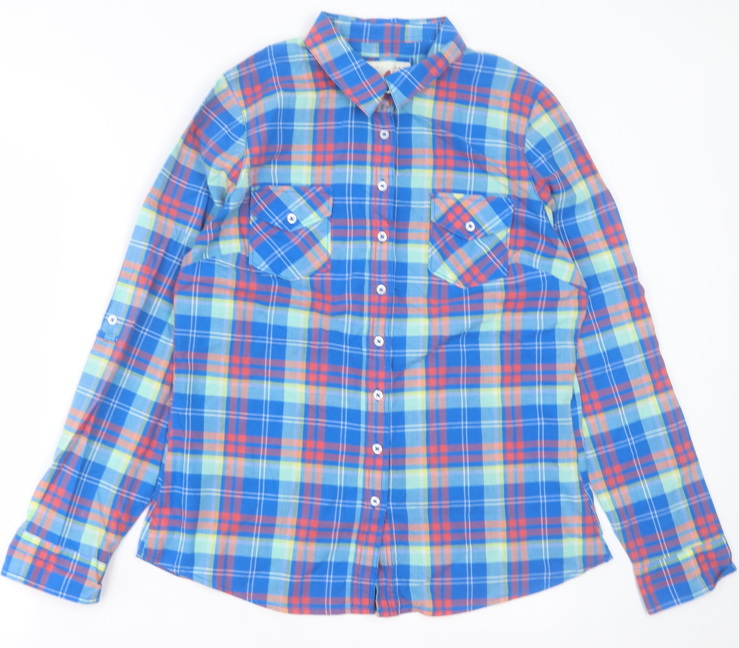 Dunnes Stores Womens Blue Plaid Cotton Basic Button-Up Size 12 Collared
