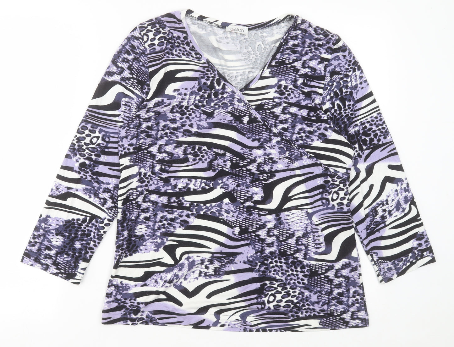 Gelco Womens Purple Animal Print Polyester Basic T-Shirt Size 12 V-Neck