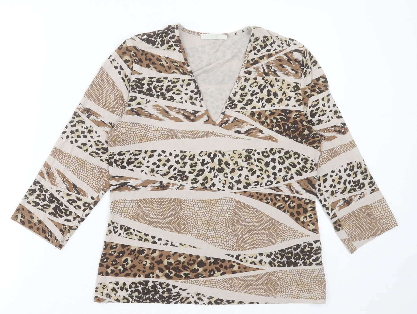 Marks and Spencer Womens Brown Animal Print Viscose Basic T-Shirt Size 12 V-Neck