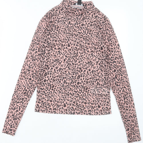 New Look Womens Pink Animal Print Polyester Cropped T-Shirt Size 6 Crew Neck