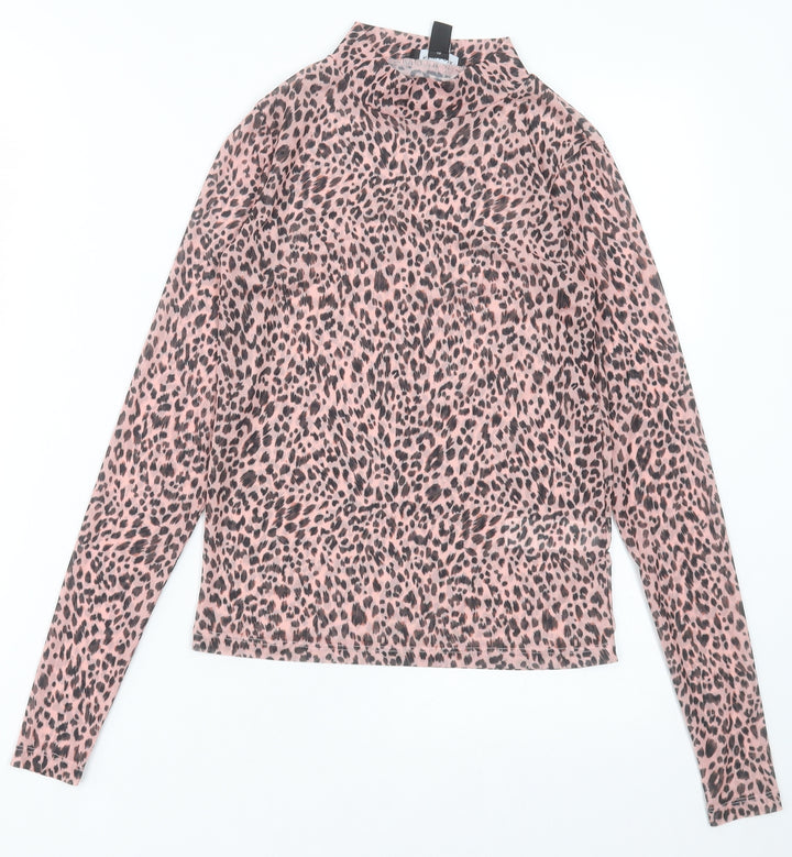 New Look Womens Pink Animal Print Polyester Cropped T-Shirt Size 6 Crew Neck