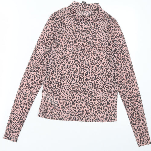 New Look Womens Pink Animal Print Polyester Cropped T-Shirt Size 6 Crew Neck