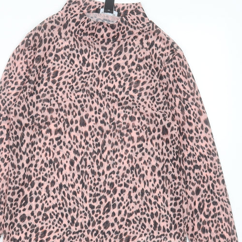 New Look Womens Pink Animal Print Polyester Cropped T-Shirt Size 6 Crew Neck