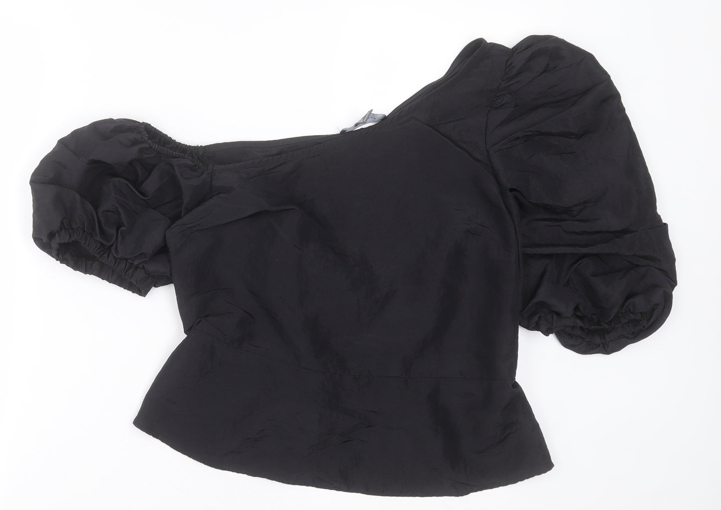 Primark Womens Black  Polyester Basic T-Shirt Size 14 One Shoulder - Puff Sleeve
