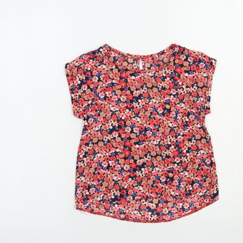 Dunnes Girls Red Floral Polyester Basic Blouse Size 7 Years Crew Neck Button
