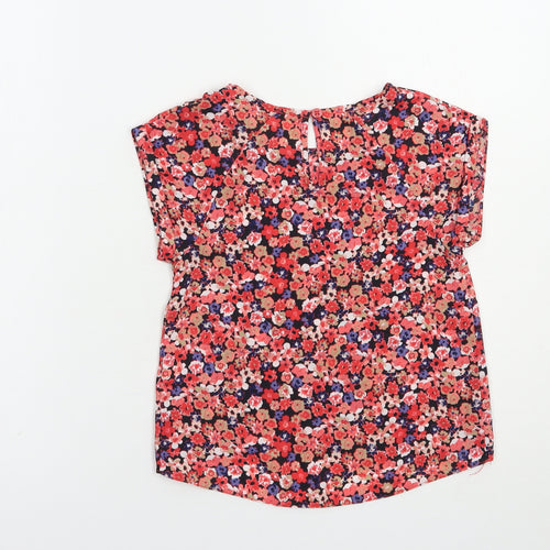 Dunnes Girls Red Floral Polyester Basic Blouse Size 7 Years Crew Neck Button