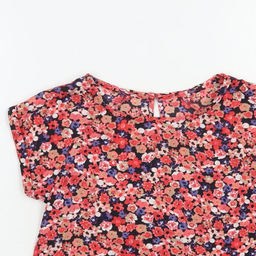 Dunnes Girls Red Floral Polyester Basic Blouse Size 7 Years Crew Neck Button