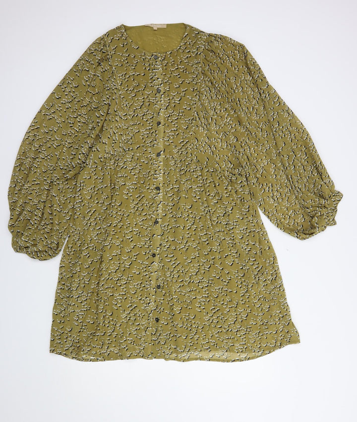 Soft Rebels Womens Green Floral Polyester Shift  Size S  Crew Neck Button