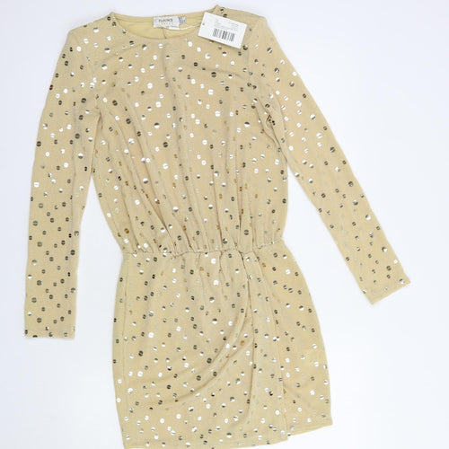 Flounce Womens Beige Polka Dot Polyamide Fit & Flare  Size 8  Crew Neck Pullover
