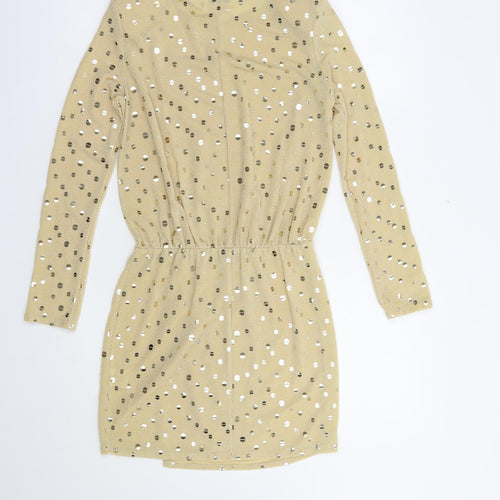 Flounce Womens Beige Polka Dot Polyamide Fit & Flare  Size 8  Crew Neck Pullover