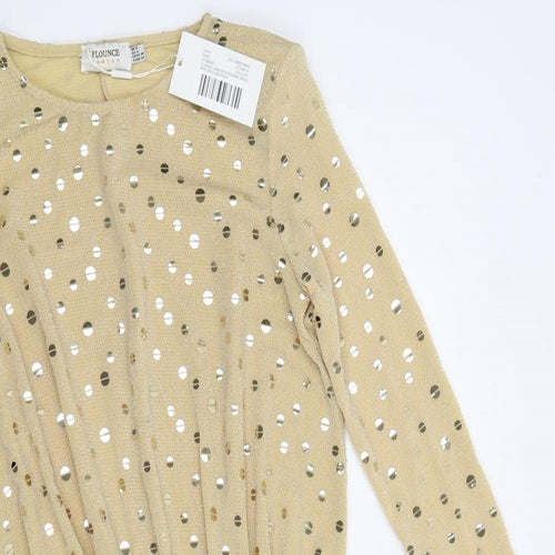 Flounce Womens Beige Polka Dot Polyamide Fit & Flare  Size 8  Crew Neck Pullover