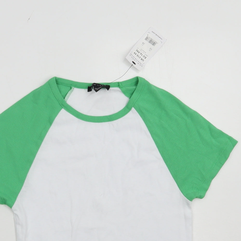 New Look Womens White Colourblock Cotton Basic T-Shirt Size 10 Crew Neck