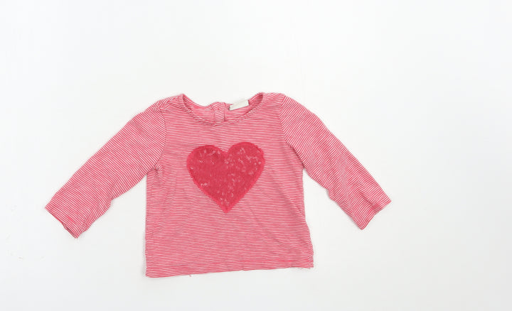 NEXT Baby Red Striped Cotton Pullover T-Shirt Size 9-12 Months Crew Neck Button - Heart