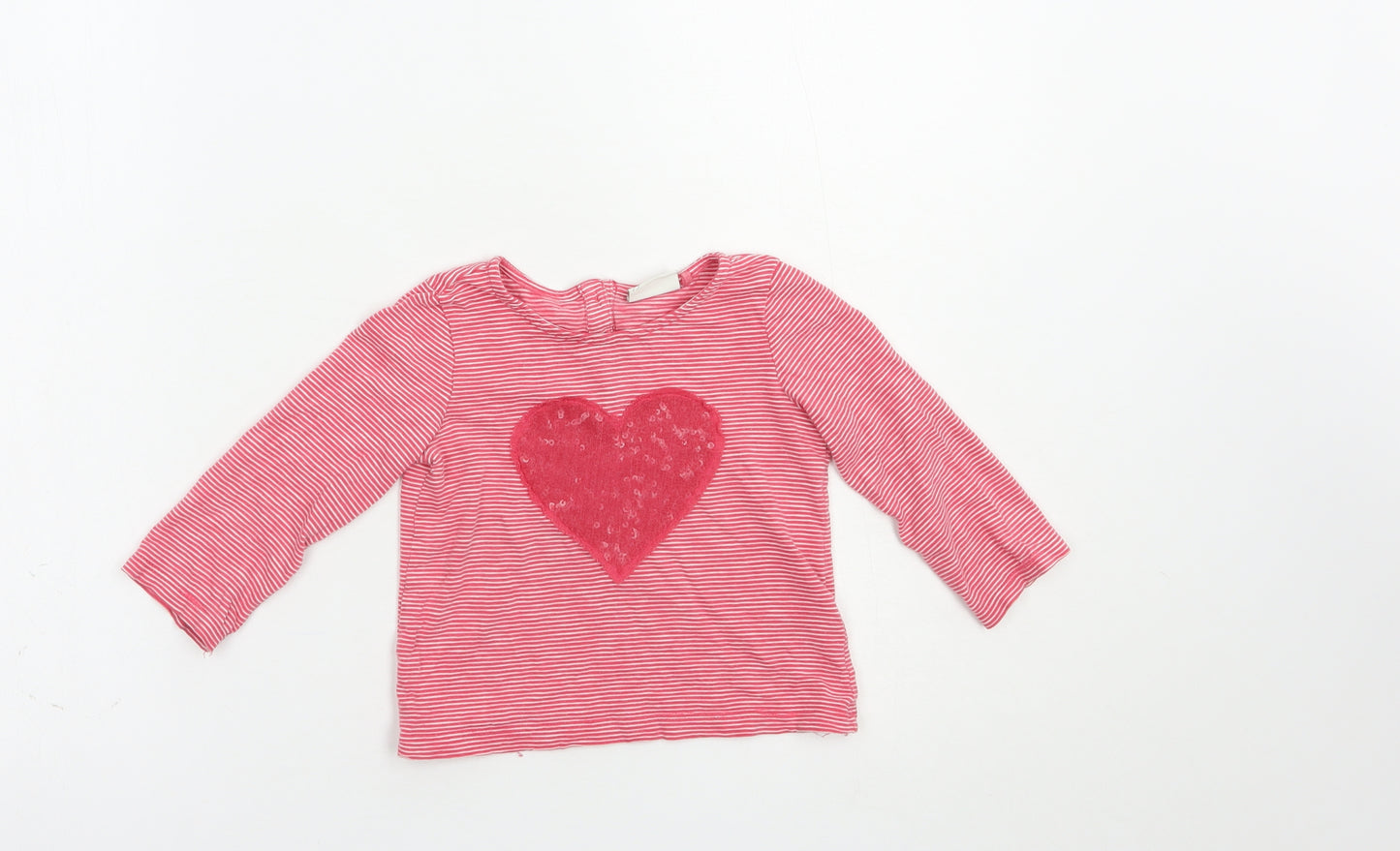 NEXT Baby Red Striped Cotton Pullover T-Shirt Size 9-12 Months Crew Neck Button - Heart