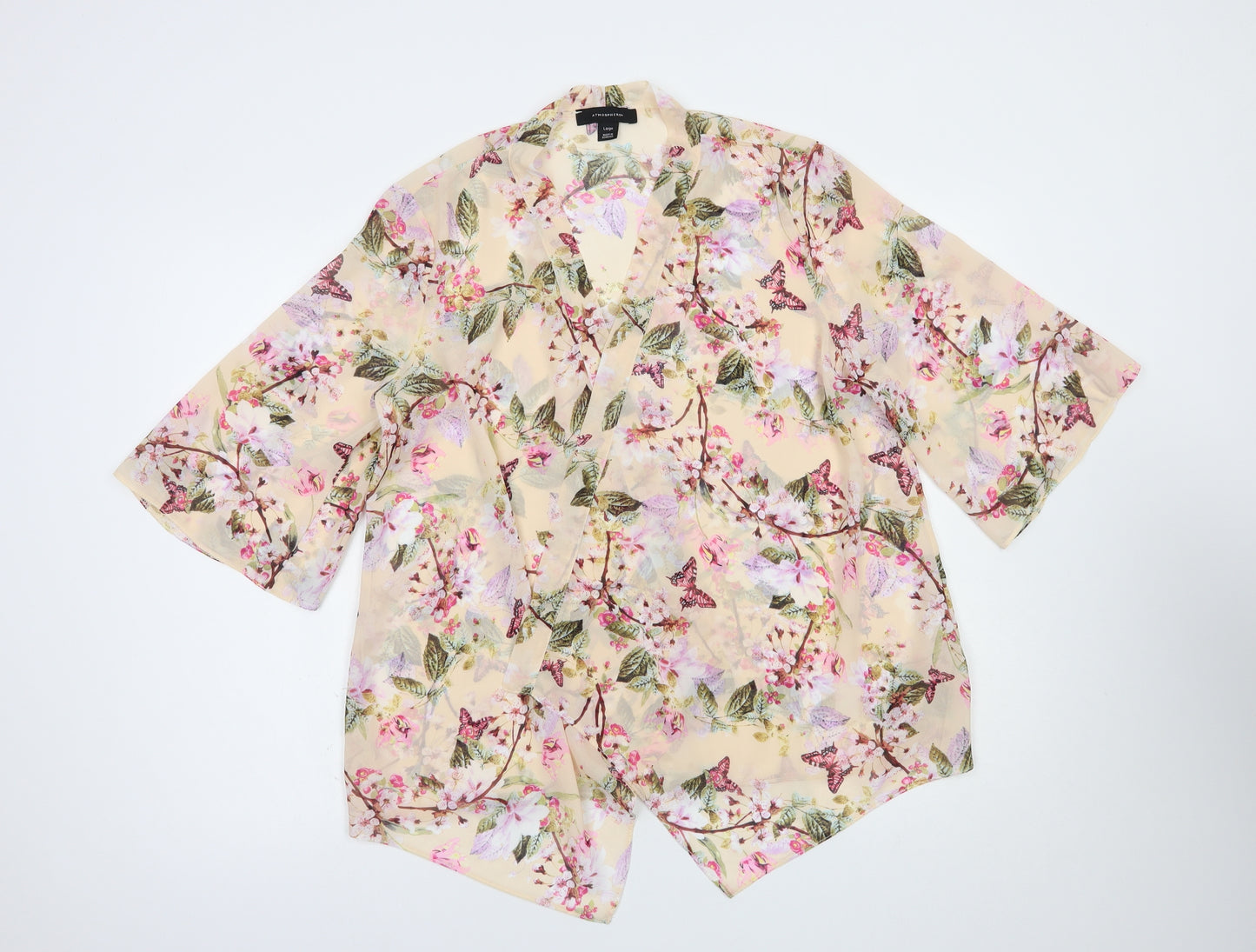 Atmosphere Womens Pink Floral Polyester Kimono Blouse Size L V-Neck