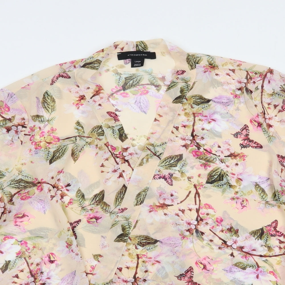 Atmosphere Womens Pink Floral Polyester Kimono Blouse Size L V-Neck