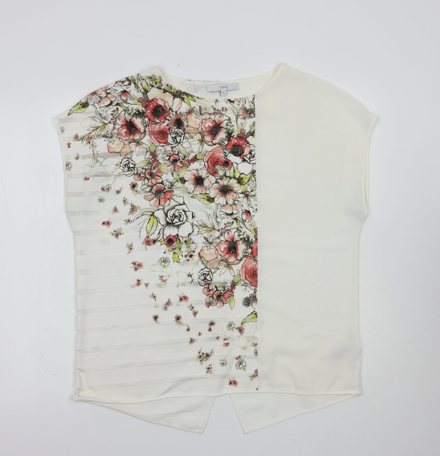 NEXT Womens White Floral Polyester Basic Blouse Size 12 Boat Neck