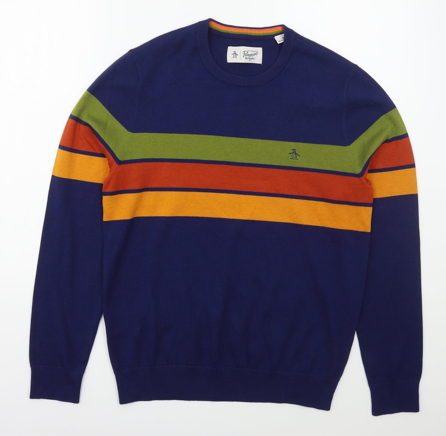 Penguin Mens Blue Crew Neck Striped Cotton Pullover Jumper Size M