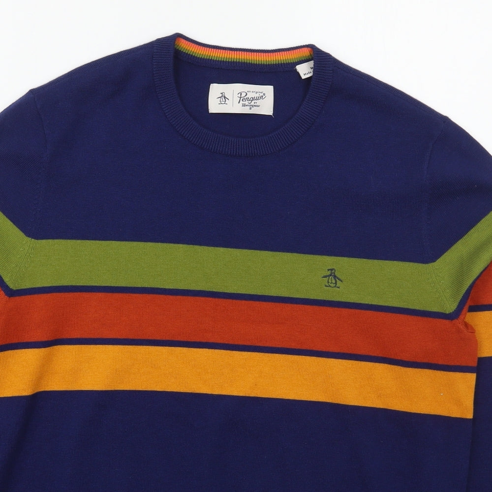 Penguin Mens Blue Crew Neck Striped Cotton Pullover Jumper Size M