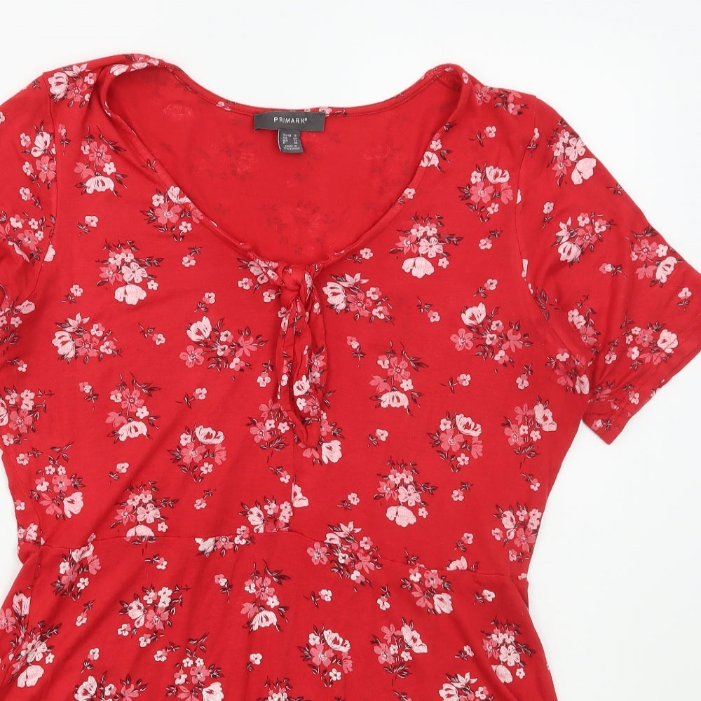 Primark Womens Red Floral Polyester Mini  Size 16  V-Neck Pullover