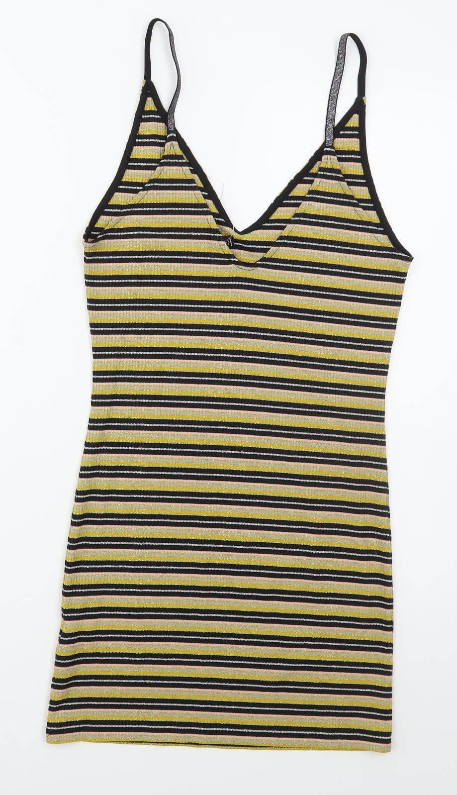 Topshop Womens Gold Striped Viscose Mini  Size 12  V-Neck Pullover